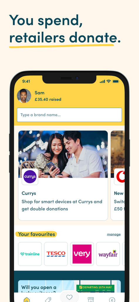 Pantalla de inicio de la aplicación Easyfundraising mostrando donaciones de usuarios y minoristas asociados como Currys y Tesco