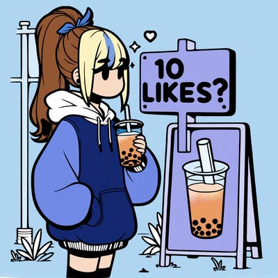 girl with oversized hoodie drinking boba and she has a high ponytail with a sign that says 10likes?