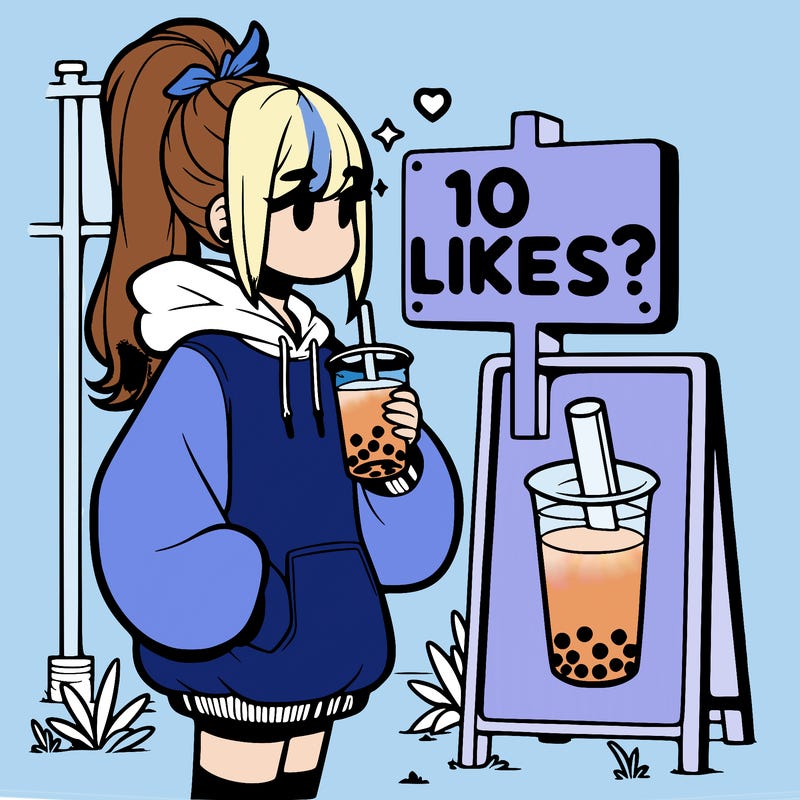 girl with oversized hoodie drinking boba and she has a high ponytail with a sign that says 10likes?