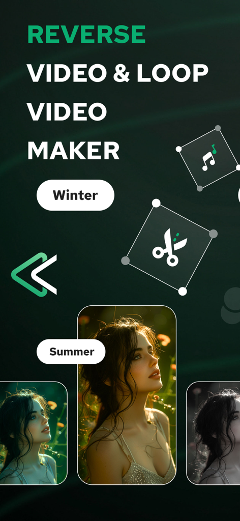 AI Reverse Video Editor - RevV - Interface of AI Reverse Video Editor RevV showing reverse and loop video features with seasonal filters