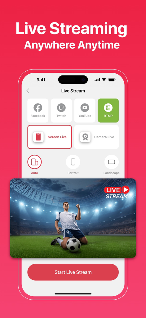 Mobile app interface showing live streaming options to Facebook Twitch and YouTube with screen recording capabilities
