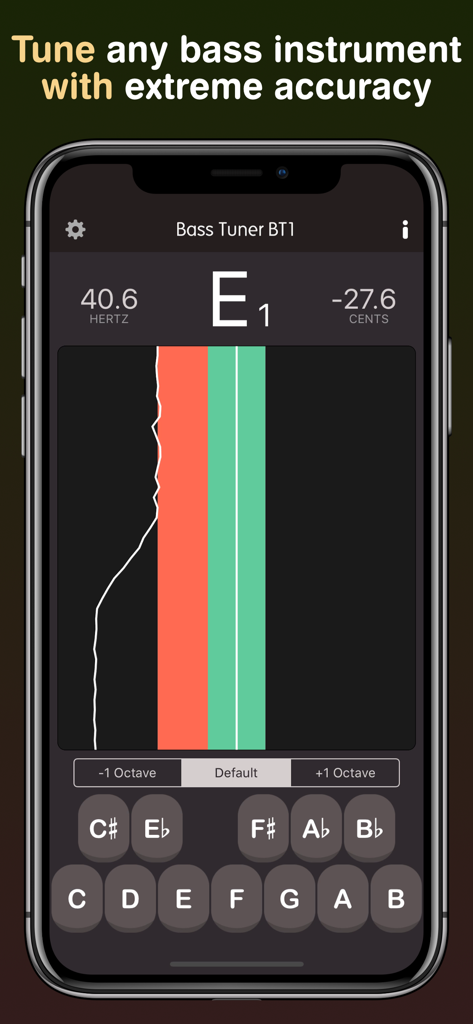 Bass Tuner BT1 Pro - Interfaz de la aplicación Bass Tuner BT1 Pro mostrando afinación de precisión y gráfico de tono en vivo para instrumentos de bajo