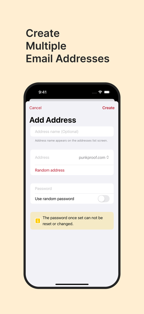 TempBox - Temp Mail - Interface of the TempBox app showing the Add Address screen to create a new temporary email with random address and password options