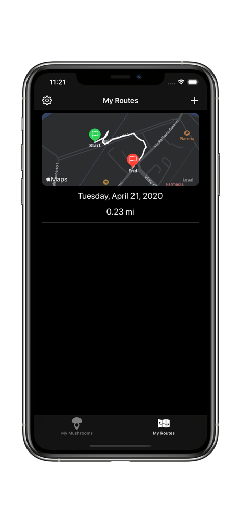 Track My Mushrooms - Map view showing a tracked mushroom foraging route with start and end markers