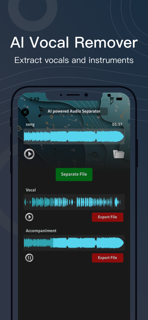 SoundLab - Audio Editor - Interface of SoundLab app showing the AI vocal remover feature separating a song into vocal and accompaniment tracks