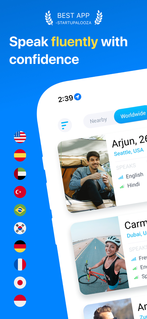 Idyoma: Language Exchange - Idyoma app interface showing profiles of language learners for worldwide conversation practice