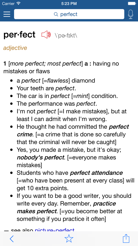 Merriam-Webster Learners Dictionary app showing definition and examples for the word perfect