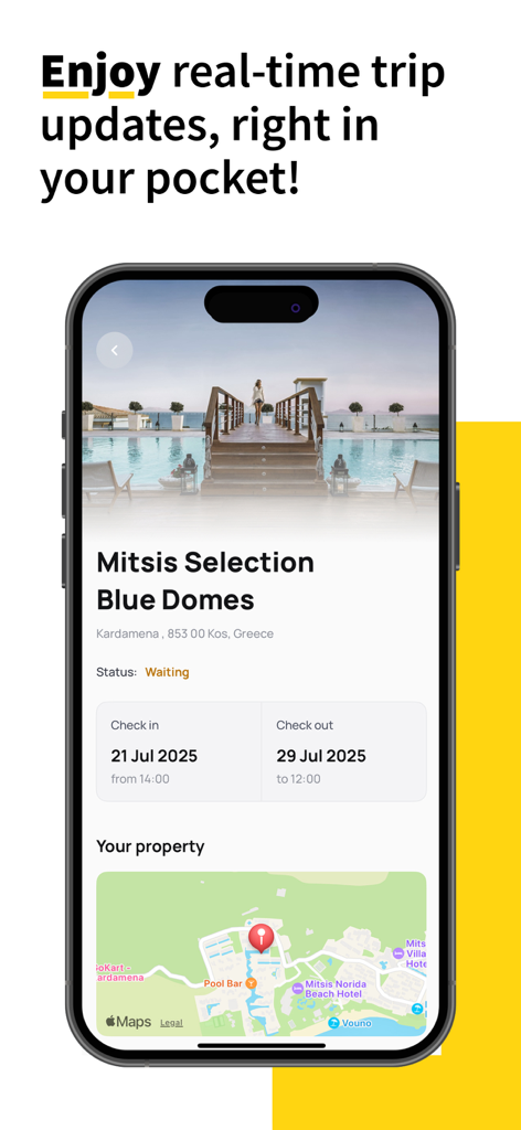 Thomas Cook mobile app screen displaying hotel booking details and a property location map for a holiday in Greece