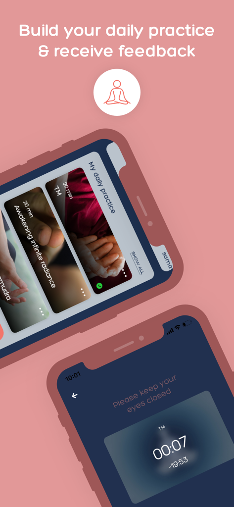 AUMHUM Self-Care & Sleep - Two mobile phone screens displaying the AUMHUM app features for building a daily meditation practice and a meditation timer.