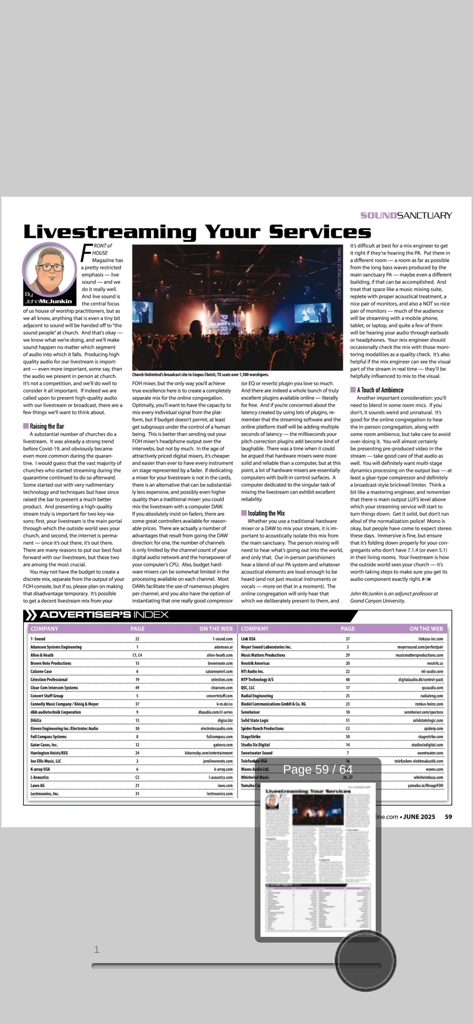 FRONT of HOUSE (FOH) Magazine - Digitale Seite des FRONT of HOUSE Magazins mit einem Livestreaming-Artikel und einem Anzeigenverzeichnis.
