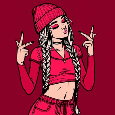 realistic teenage girl with braids and a beanie and crop top doing 🫶🏼