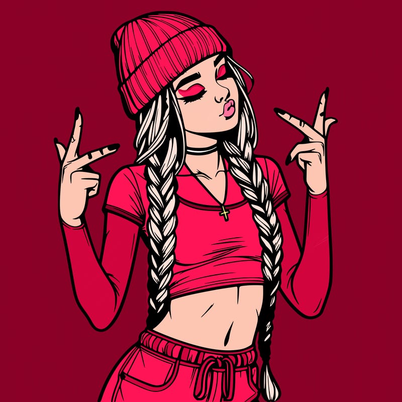 realistic teenage girl with braids and a beanie and crop top doing 🫶🏼