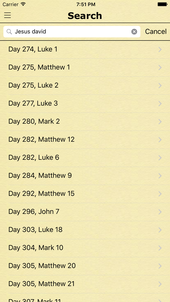 Chronological Bible in a Year - KJV Daily Reading - Search interface of the Chronological Bible app showing daily reading results for Jesus and David