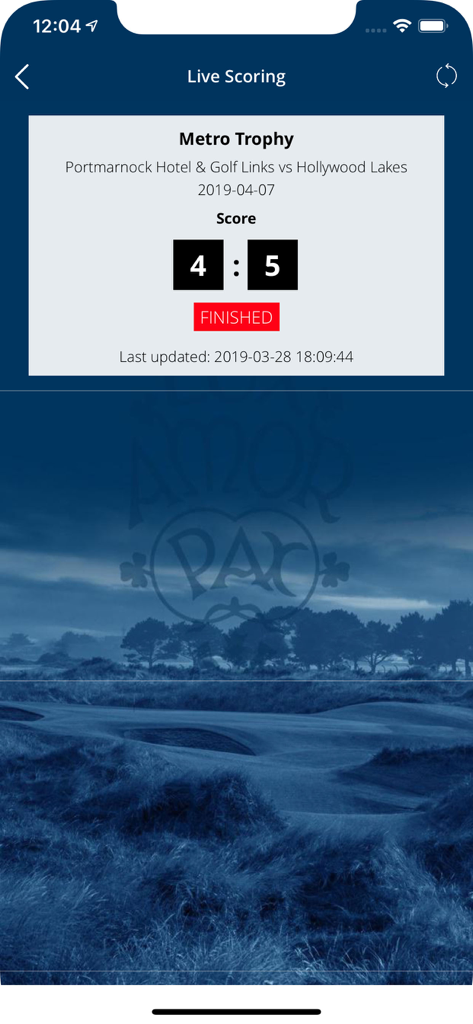 Clubnet app live scoring screen showing tournament results for a golf match