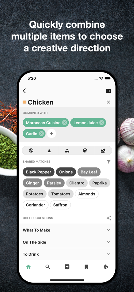 TasteMatch - TasteMatch app combinator screen showing flavor matches for chicken and Moroccan cuisine