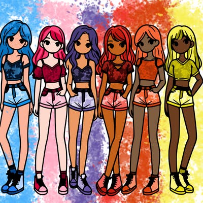 a group of girls wearing crop tops and shorts