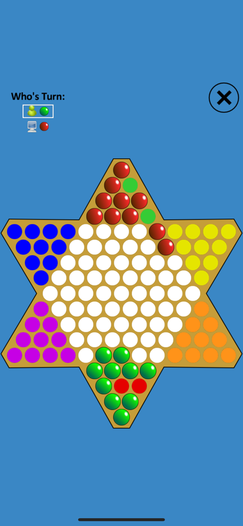 Chinese Checkers Touch - A star-shaped Chinese Checkers game board with colored pieces on a blue background