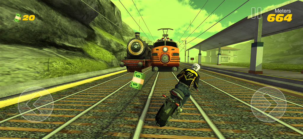 Subway Rider - Train Surfer 3D - Un motard esquivant des trains à vapeur qui arrivent sur une voie ferrée