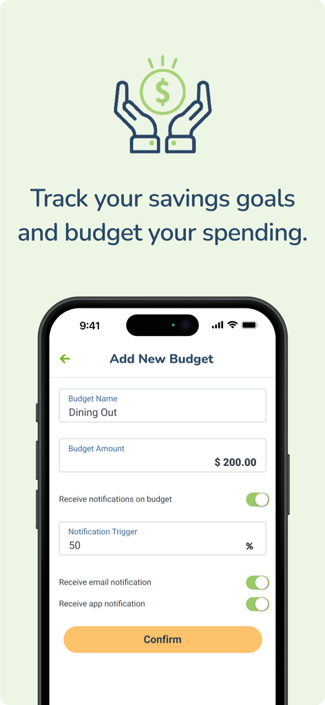 Innovation Federal CU - Mobile screen of the Innovation Federal Credit Union app showing the interface to create a new monthly budget with notification settings.