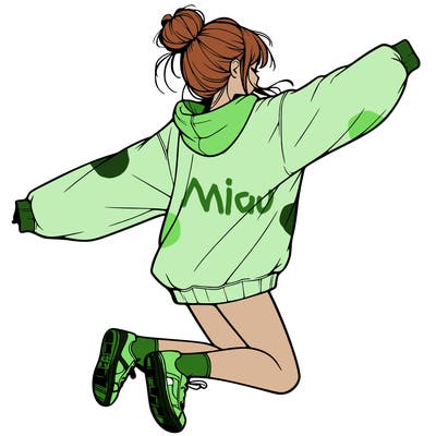 realistic girl jumping with a bun and oversized sweatshirt