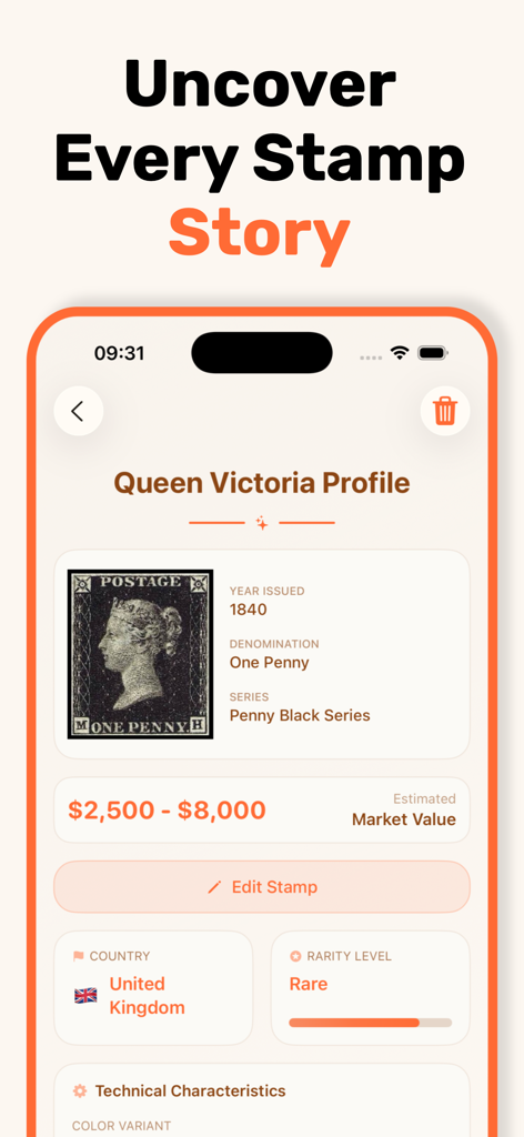 Stamp identifier - StampSnap - StampSnap app screen showing the estimated market value and historical details for a rare Queen Victoria Penny Black stamp.