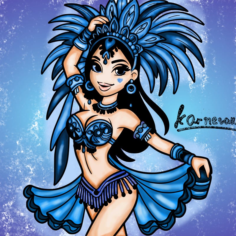 a samba dancer in colorful costume.