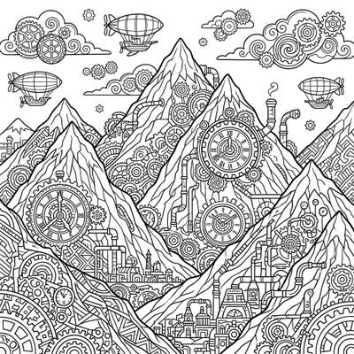 Embark on a breathtaking coloring journey where the grandeur of the Andean Mountains fuses with intricate Steampunk innovation. This unique design invites you to explore a world of gears, airships, and mechanical marvels.
