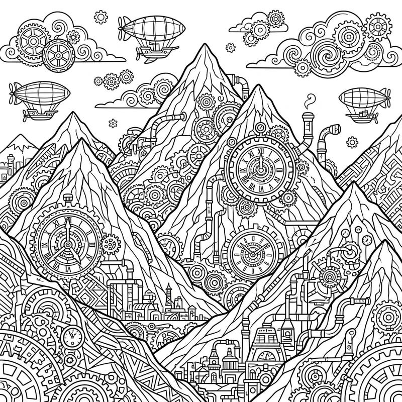 Embark on a breathtaking coloring journey where the grandeur of the Andean Mountains fuses with intricate Steampunk innovation. This unique design invites you to explore a world of gears, airships, and mechanical marvels.
