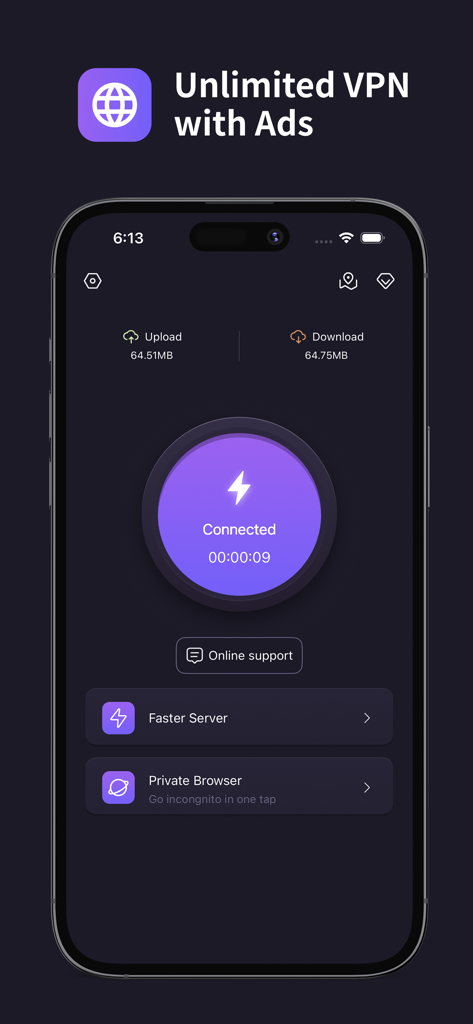 Octohide VPN 앱 대시보드에 성공적인 연결 상태와 데이터 사용량 지표가 표시됩니다.