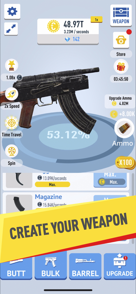 Idle Guns Factory Tycoon - Mobile game interface showing weapon assembly in Idle Guns Factory Tycoon