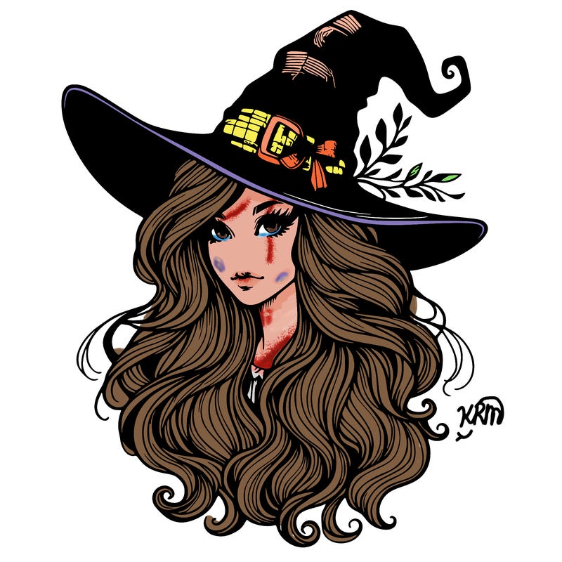 gorgeous realistic witch with long hair and with a witch hat