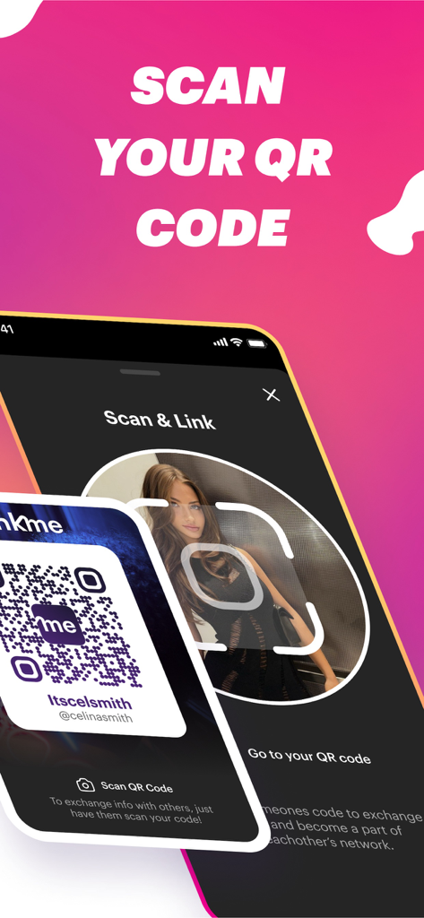 디지털 네트워킹을 위한 QR 코드가 있는 스캔 및 링크 기능이 있는 Linkme 앱 인터페이스