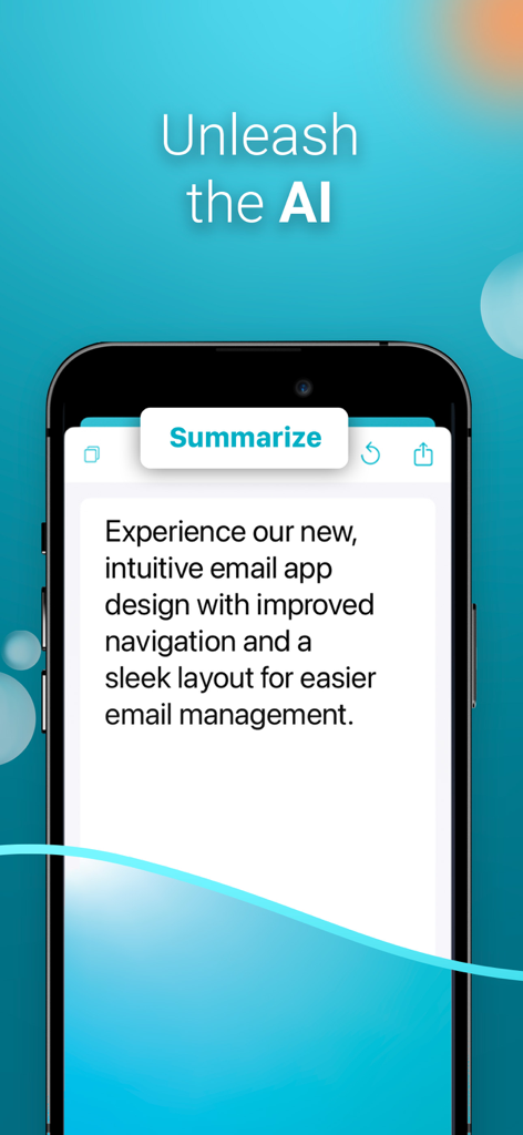 Pantalla de smartphone mostrando la función de resumen de IA de Aqua Mail para la gestión de correo electrónico.
