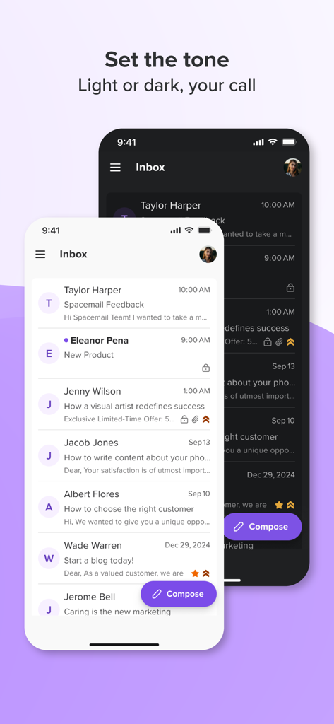Spacemail - Spacemail app interface showing inbox view in both light and dark mode themes