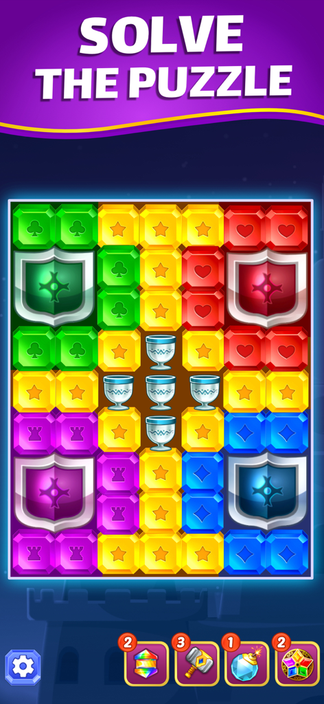 Grille colorée de puzzle de correspondance de bijoux de Jewel Gem montrant des gemmes vives, des boucliers et des bonus de jeu