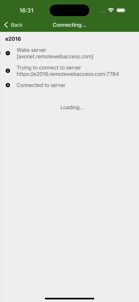Schermata dell'app Lights-Out Mobile che mostra i passaggi di connessione a un server remoto