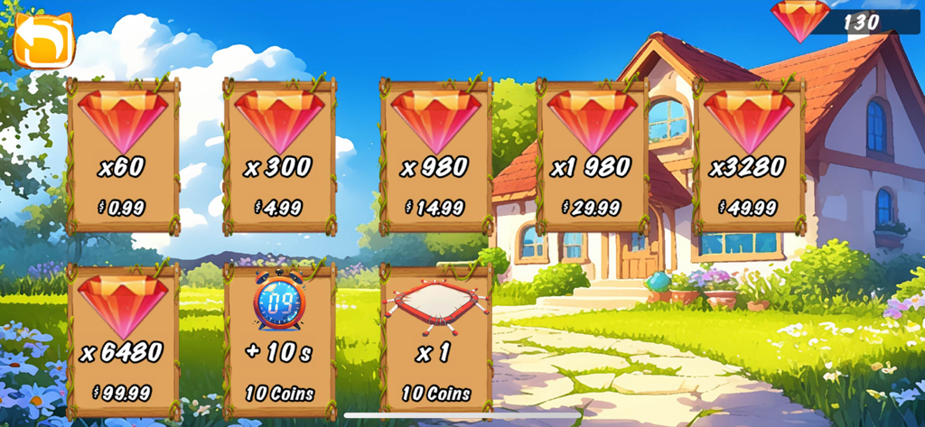 Spirit Pet Paradise - In-game store interface for Spirit Pet Paradise showing various gem and item purchase options against a bright garden background