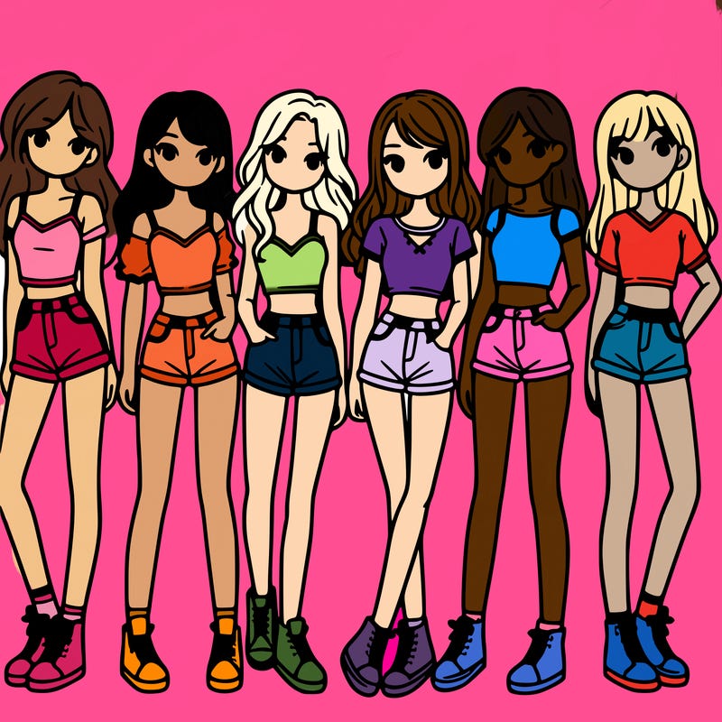 a group of girls wearing crop tops and shorts