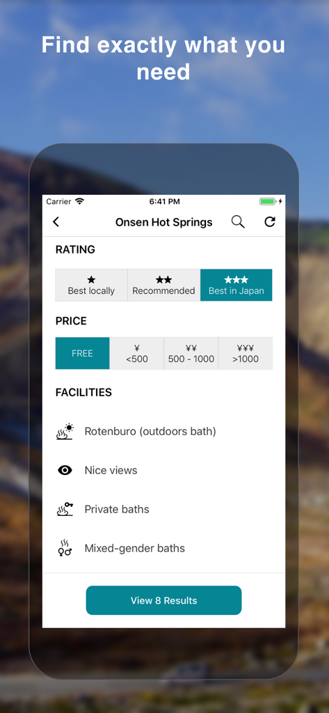 Michi Japan Road Guide Offline - A mobile app interface showing search filters for Japanese onsen hot springs by rating, price, and facilities.