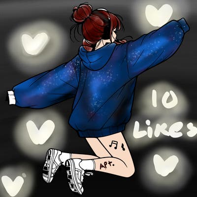 realistic girl jumping with a bun and oversized sweatshirt