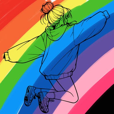 realistic girl jumping with a bun and oversized sweatshirt