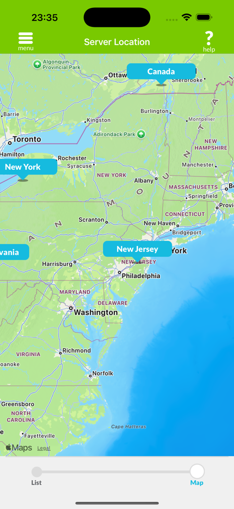 利用可能なVPNサーバーの場所（ニューヨーク、ニュージャージー、カナダ）が表示されているマップインターフェース