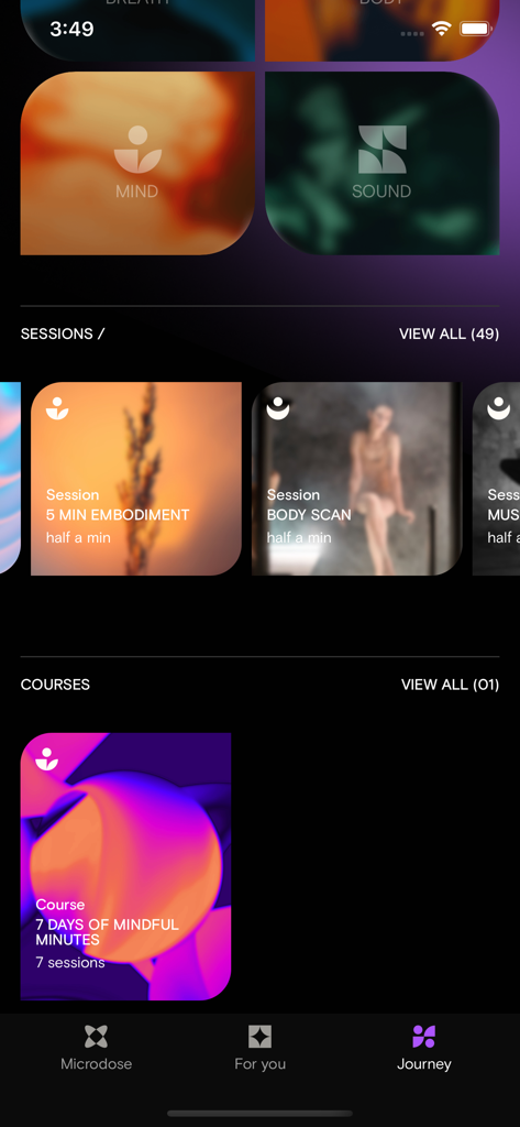 VANA - VANAアプリのインターフェース。心、体、音のためのパーソナライズされたウェルネスセッションが表示されています