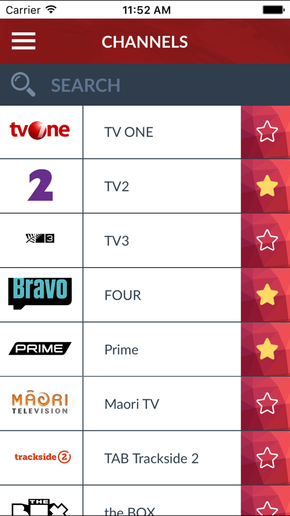 Aplicativo Guia de TV da Nova Zelândia mostrando uma lista dos principais canais de TV, como TV One e Prime, com opções de favoritos