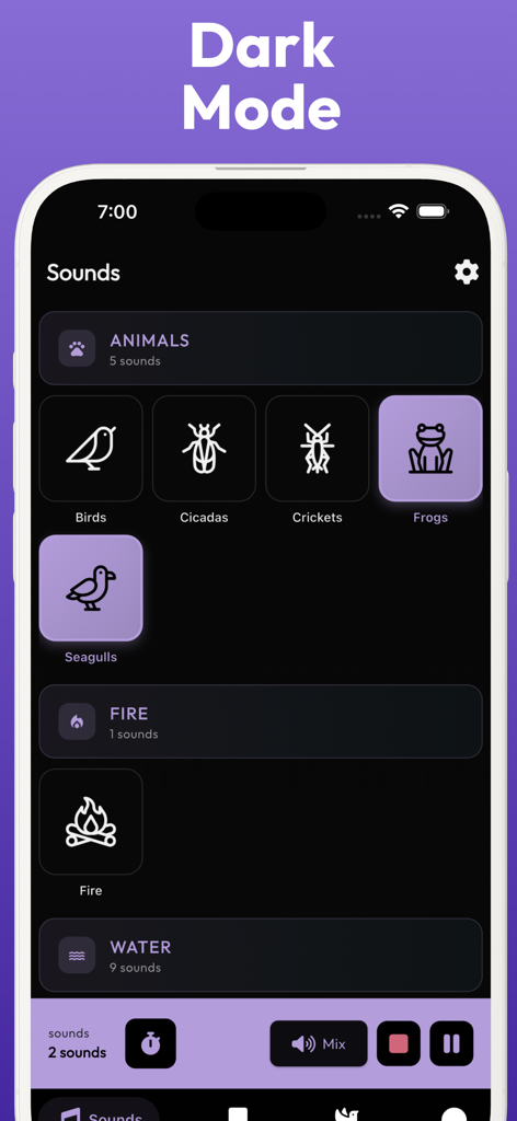 Tinnitus Sound Therapy RngAway - Pantalla de la aplicación de terapia de tinnitus RingAway en modo oscuro con iconos de selección de sonido de animales y naturaleza