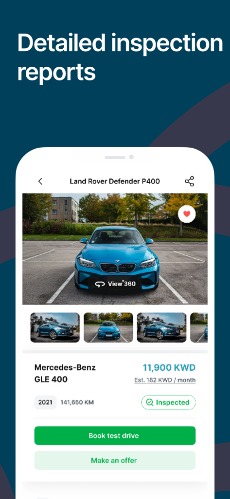 Motorgy - Buy & Sell Cars - Motorgy app screen showing a used car listing for a Mercedes-Benz with a verified inspection badge and pricing