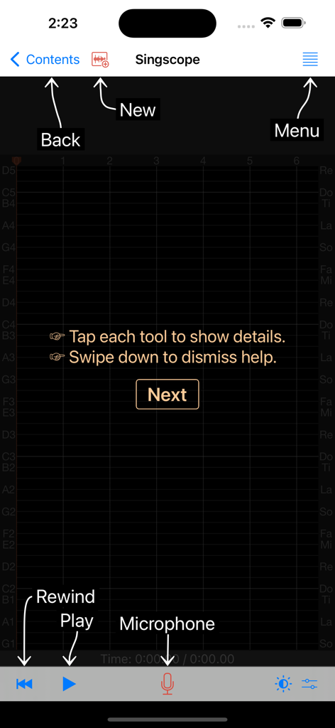 Tutorial screen of the Singscope app explaining user interface controls for real-time vocal pitch tracking.