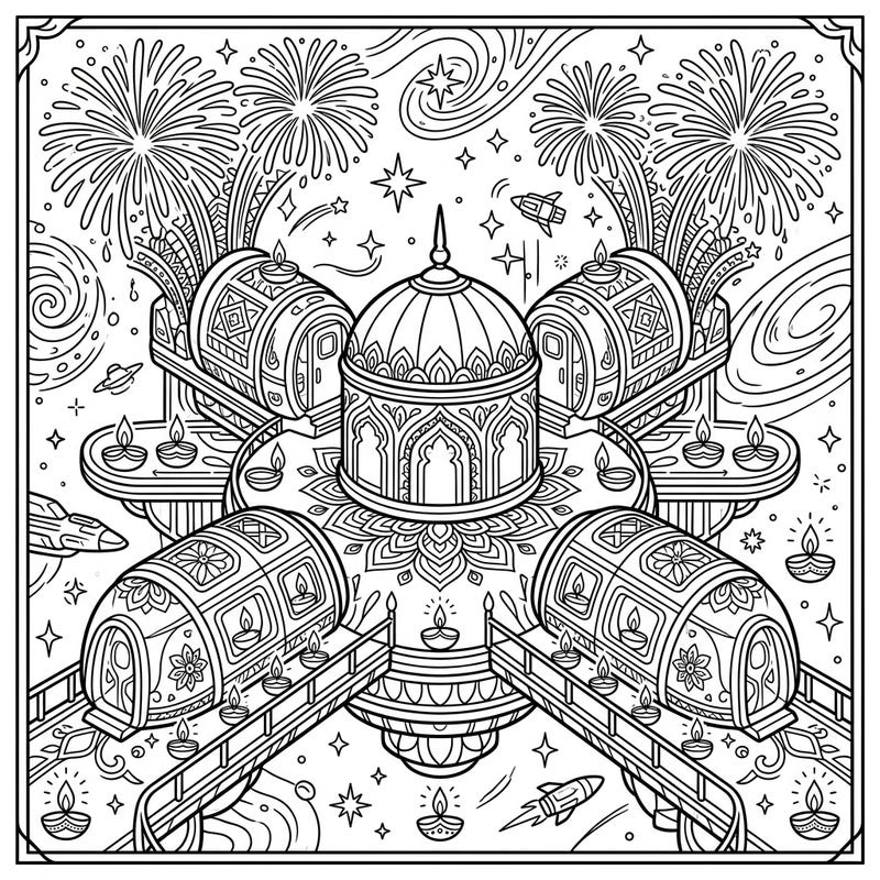 Explore a mesmerizing fusion of future and tradition with this Cryosleep Colonies Diwali coloring page. Adorned with sparkling fireworks and glowing diyas, this scene offers a unique cosmic celebration ready for your artistic touch.
