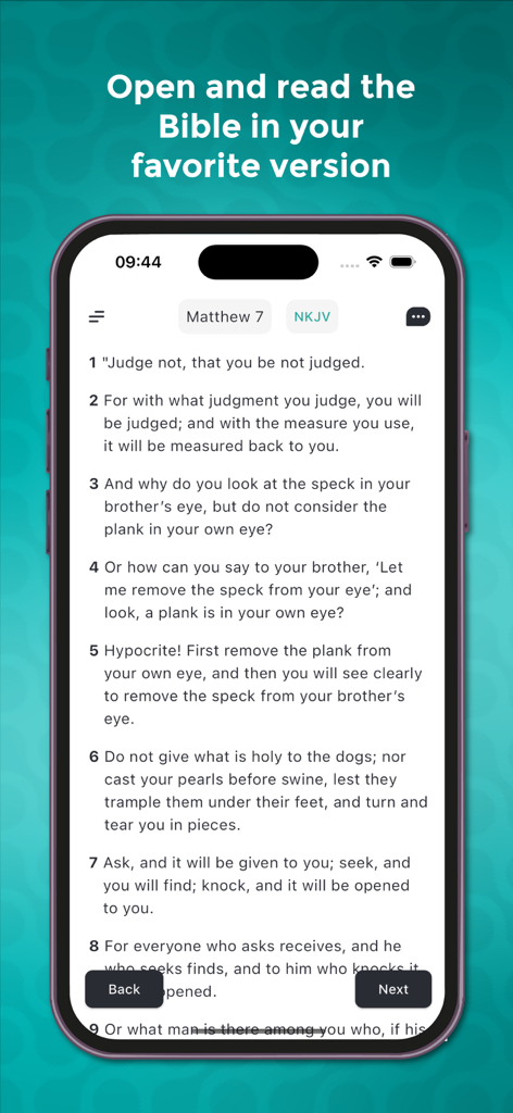 BiblicalAi - Bible App with Ai - BiblicalAi mobile app interface displaying the New King James Version of Matthew chapter 7