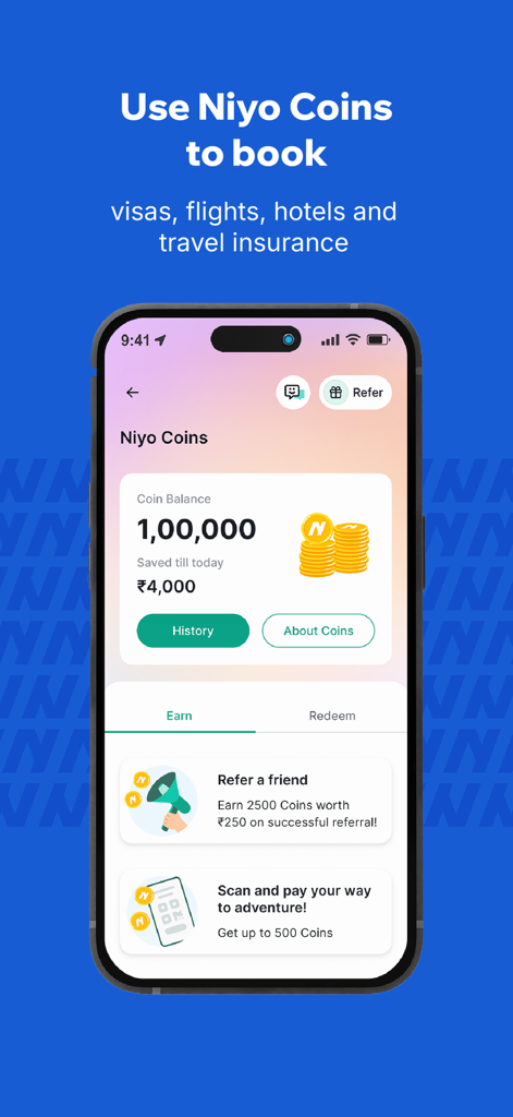 Niyo: Global cards for travel - Niyo app screen displaying Niyo Coins balance and options to redeem for flights and hotels